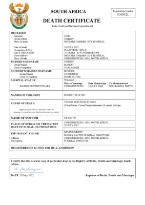 South Africa death certificate Word and PDF template, completely editable