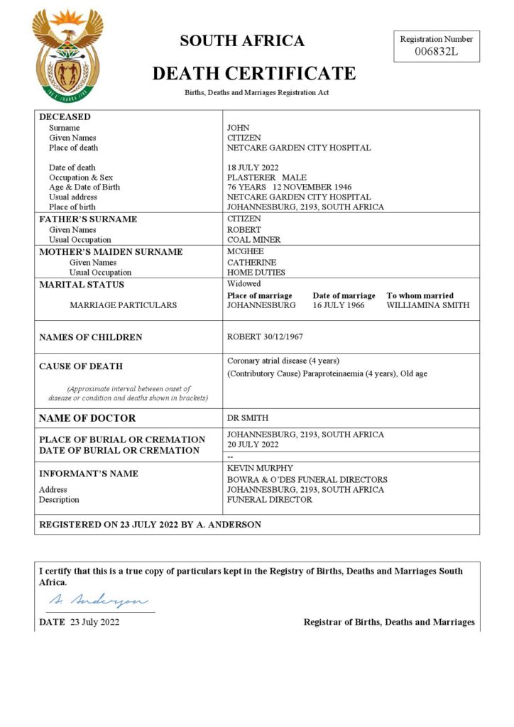 South Africa death certificate Word and PDF template, completely editable