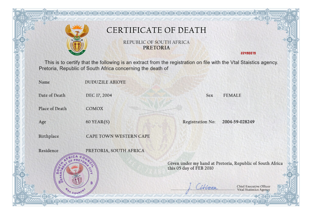 South Africa death certificate PSD template, completely editable