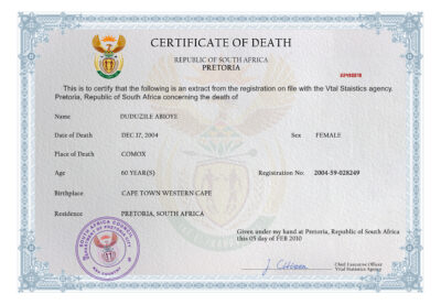 South Africa death certificate PSD template, completely editable