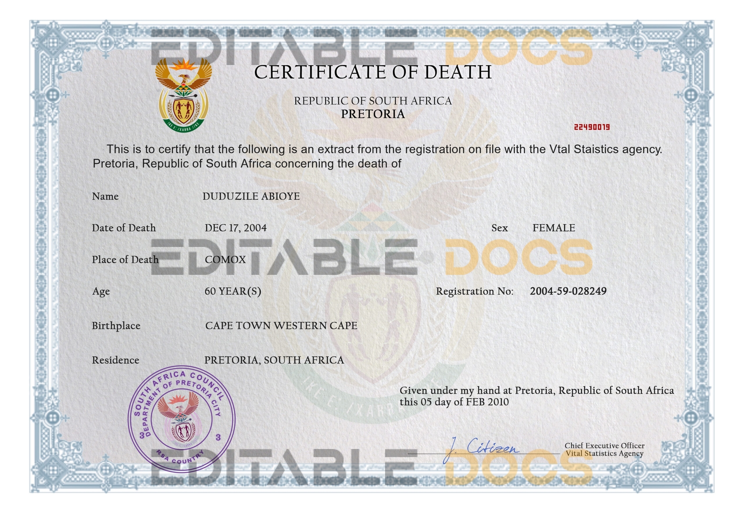 Customizable South Africa Death Certificate PSD Templates | Instant Download