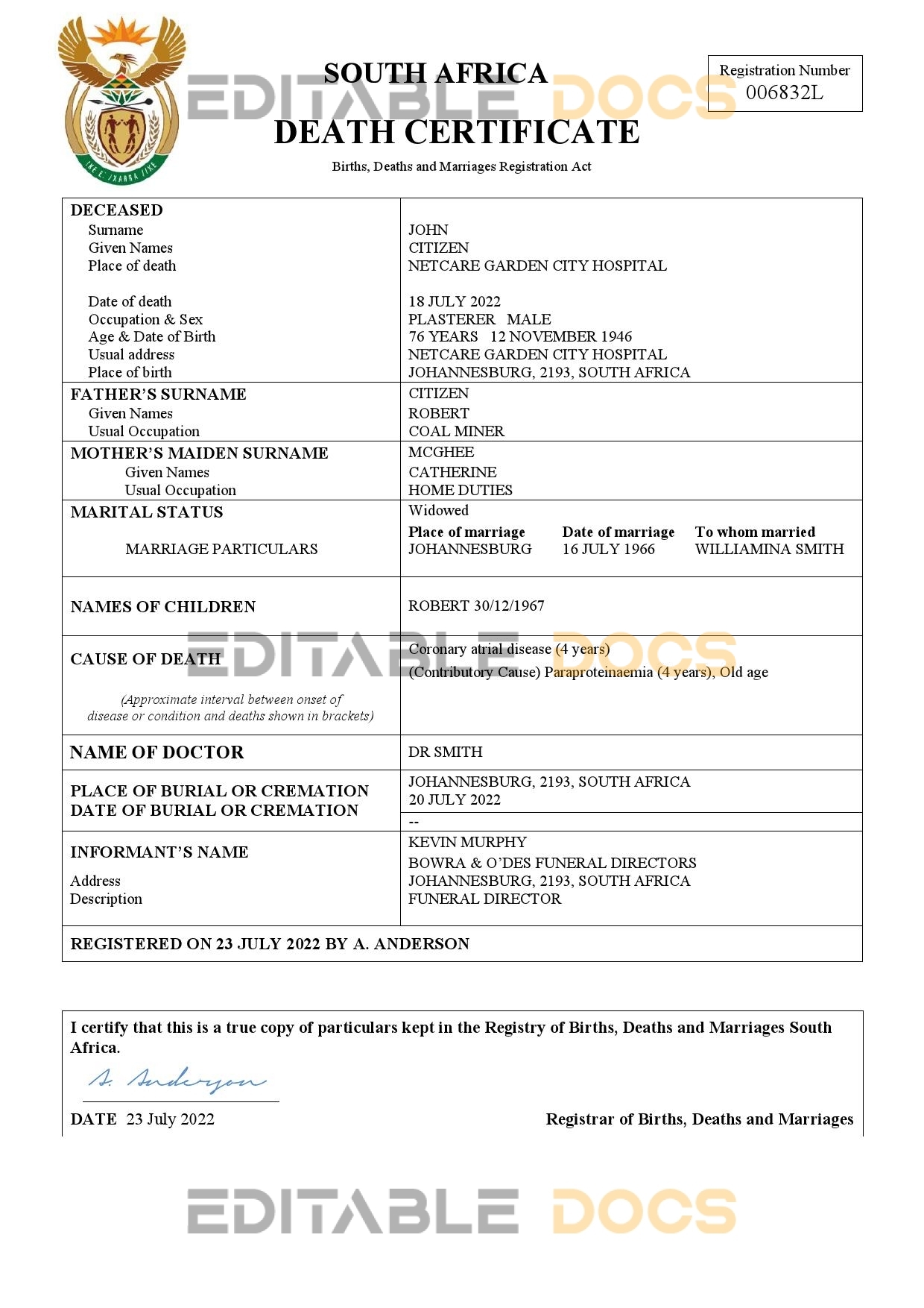 Fillable South Africa Death PDF Templates | Blank Docs