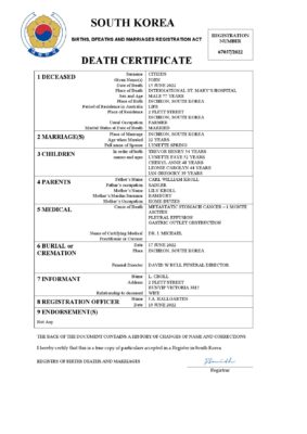 South Korea vital record death certificate Word and PDF template
