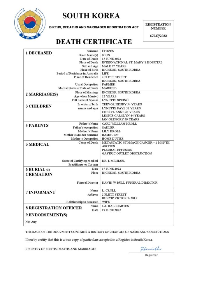 South Korea vital record death certificate Word and PDF template