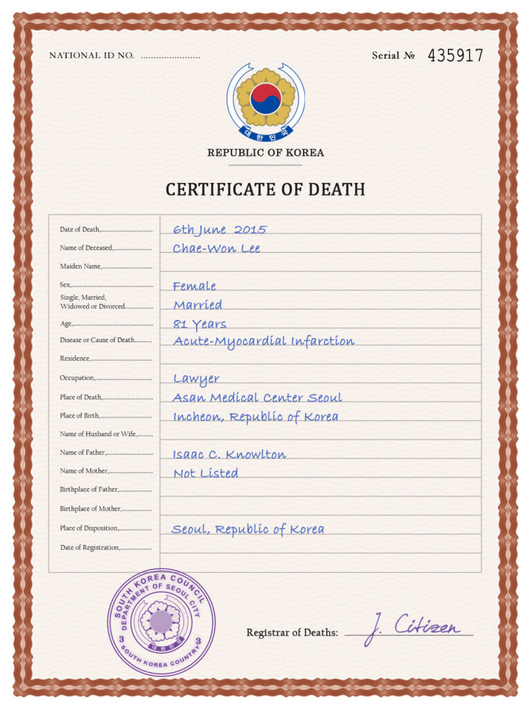 South Korea vital record death certificate PSD template