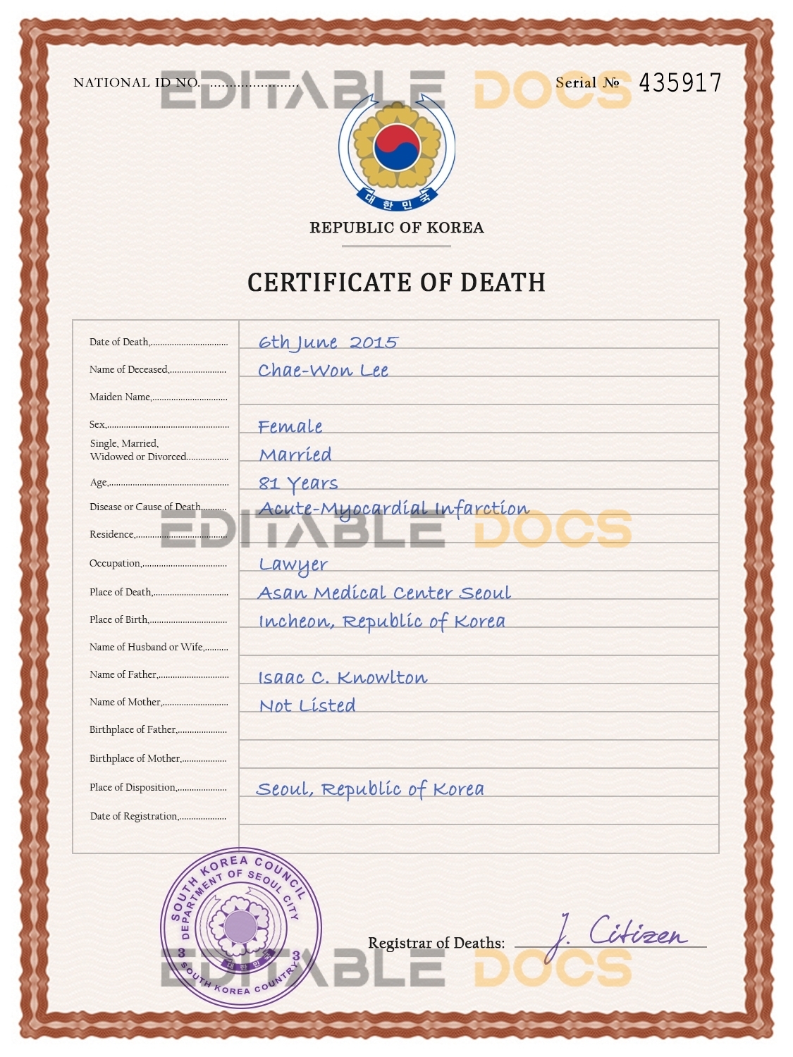 Customizable South Korea Death Certificate PSD Templates | Instant Download