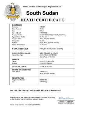 South Sudan vital record death certificate Word and PDF template