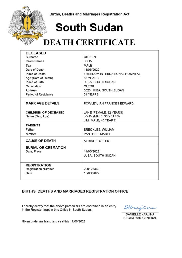 South Sudan vital record death certificate Word and PDF template