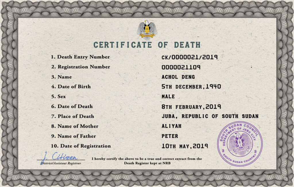South Sudan death certificate PSD template, completely editable