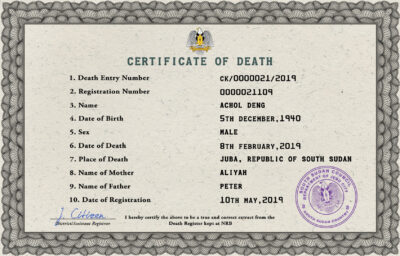 South Sudan death certificate PSD template, completely editable