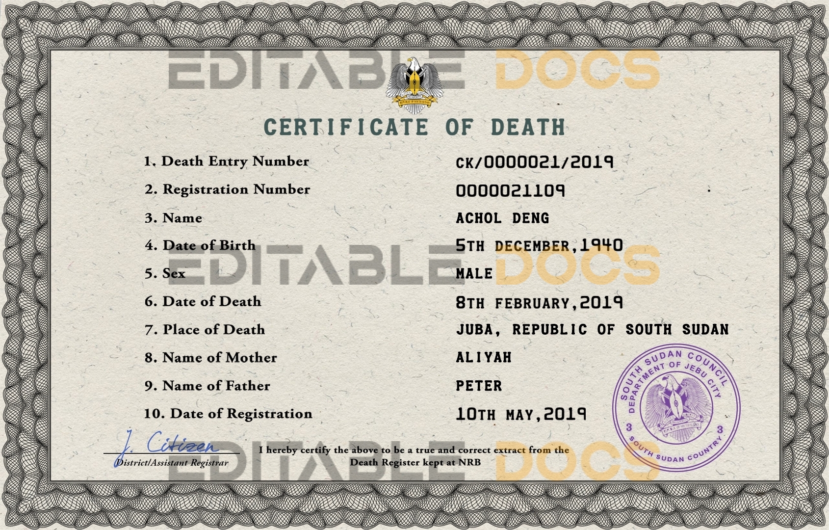 Customizable South Sudan Death Certificate PSD Templates | Instant Download