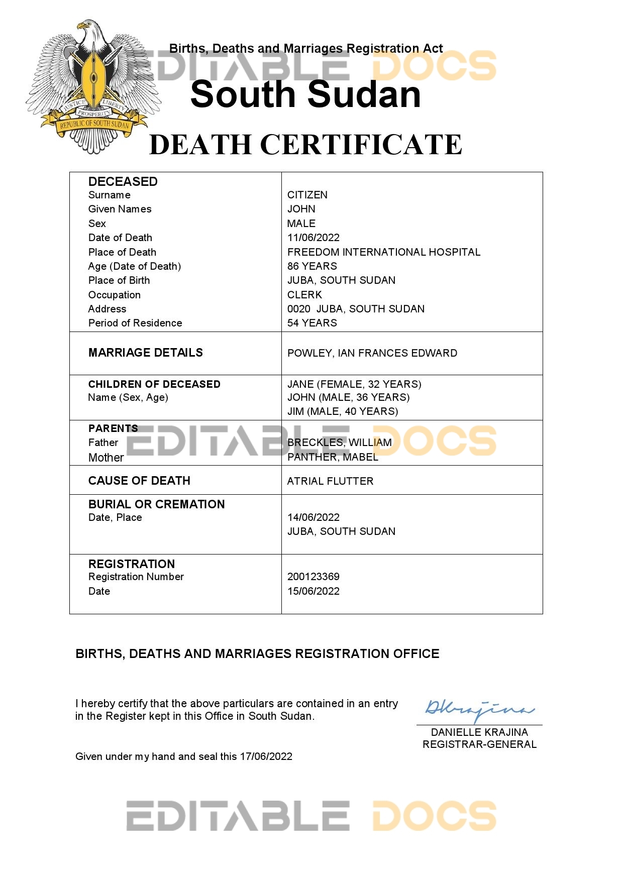 Fillable South Sudan Death PDF Templates | Blank Docs