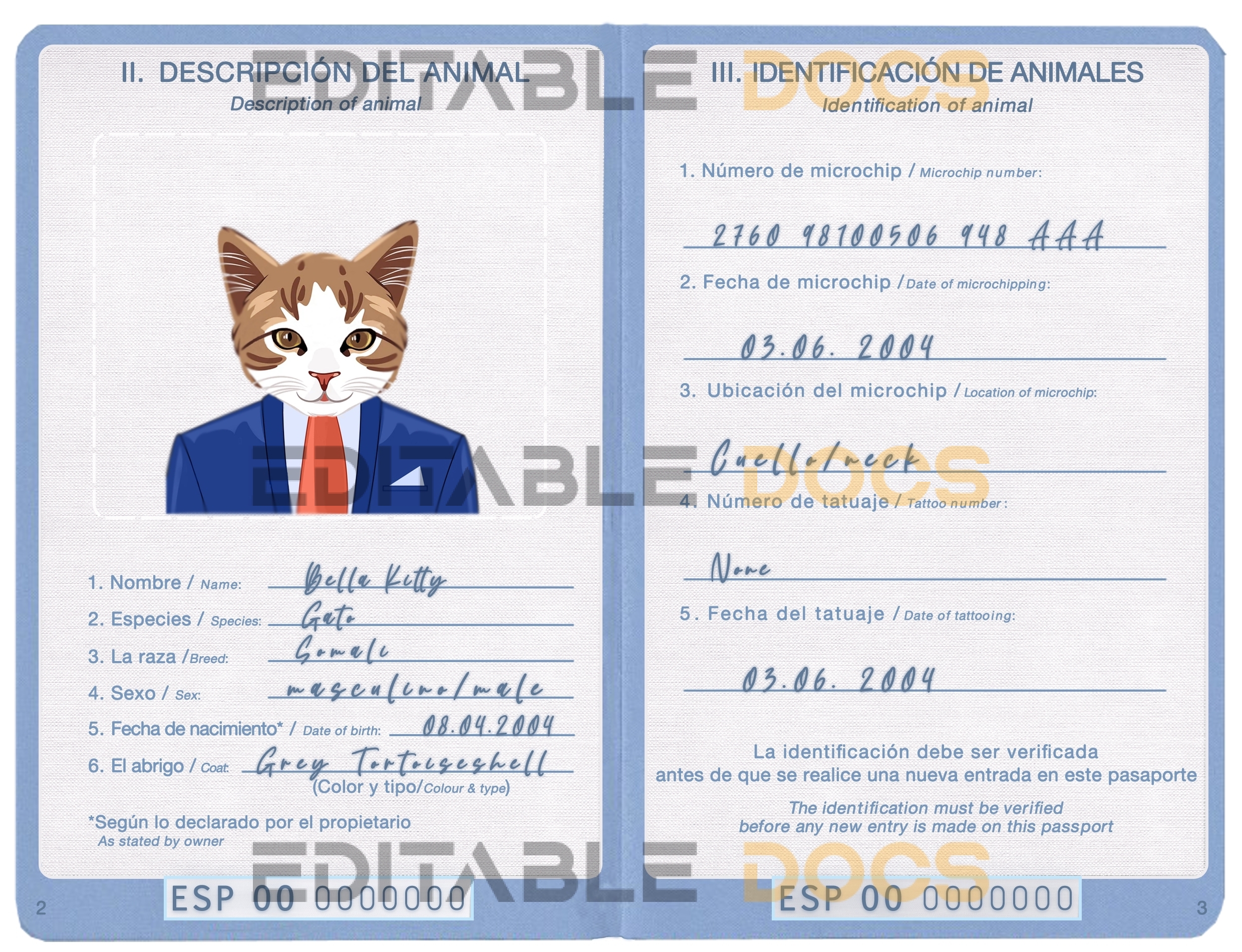 Spain cat Fake PSD Passport | Instant Download