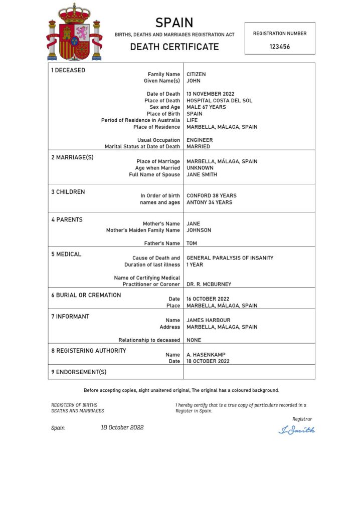 Spain death certificate Word and PDF template, completely editable