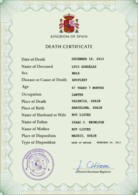 Spain death certificate PSD template, completely editable