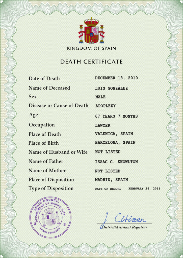 Spain death certificate PSD template, completely editable