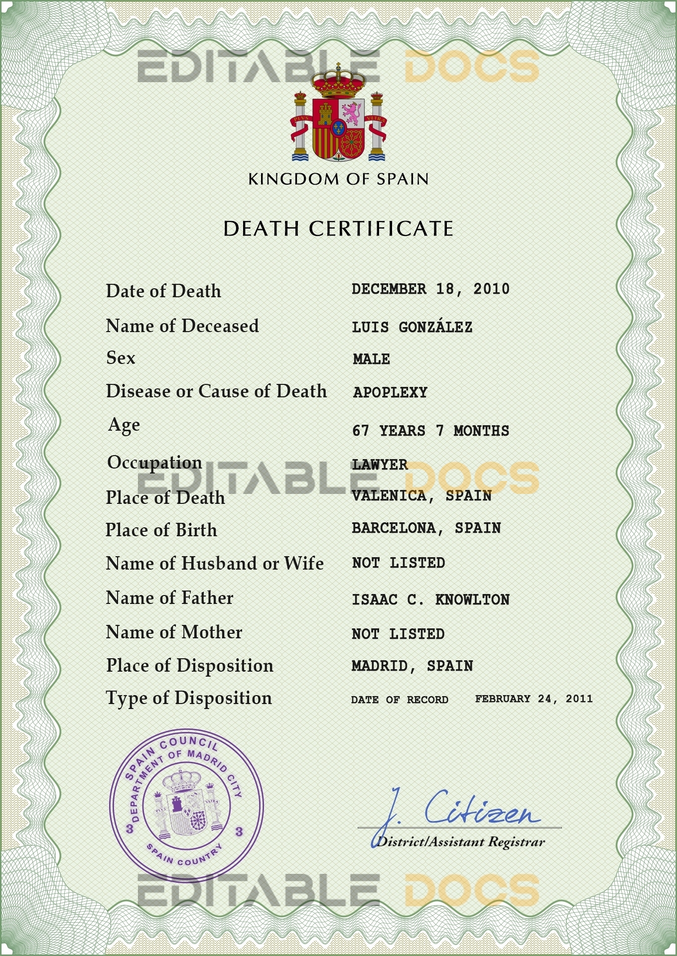 Customizable Spain Death Certificate PSD Templates | Instant Download