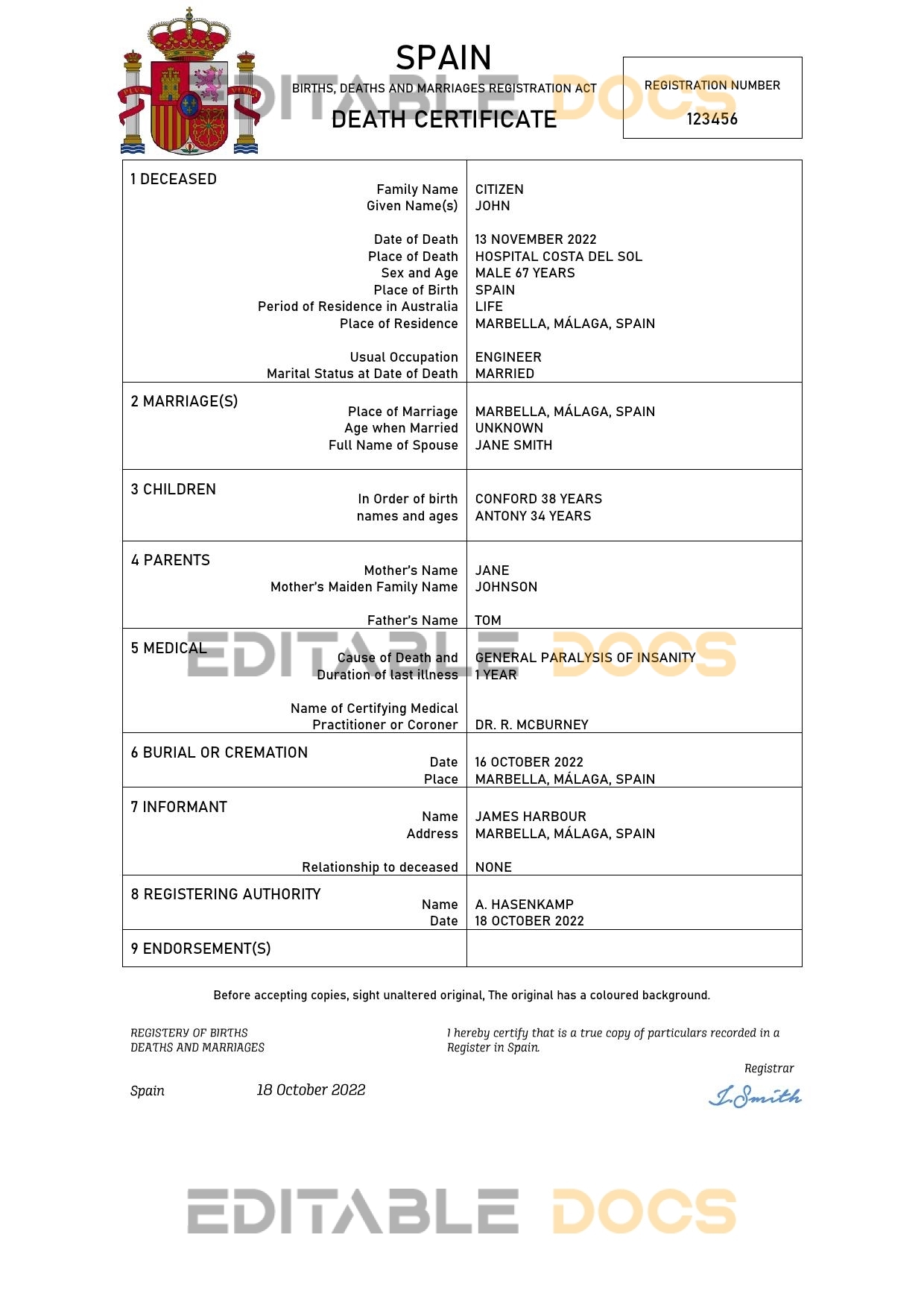Fillable Spain Death PDF Templates | Blank Docs