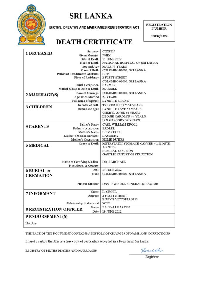 Sri Lanka vital record death certificate Word and PDF template