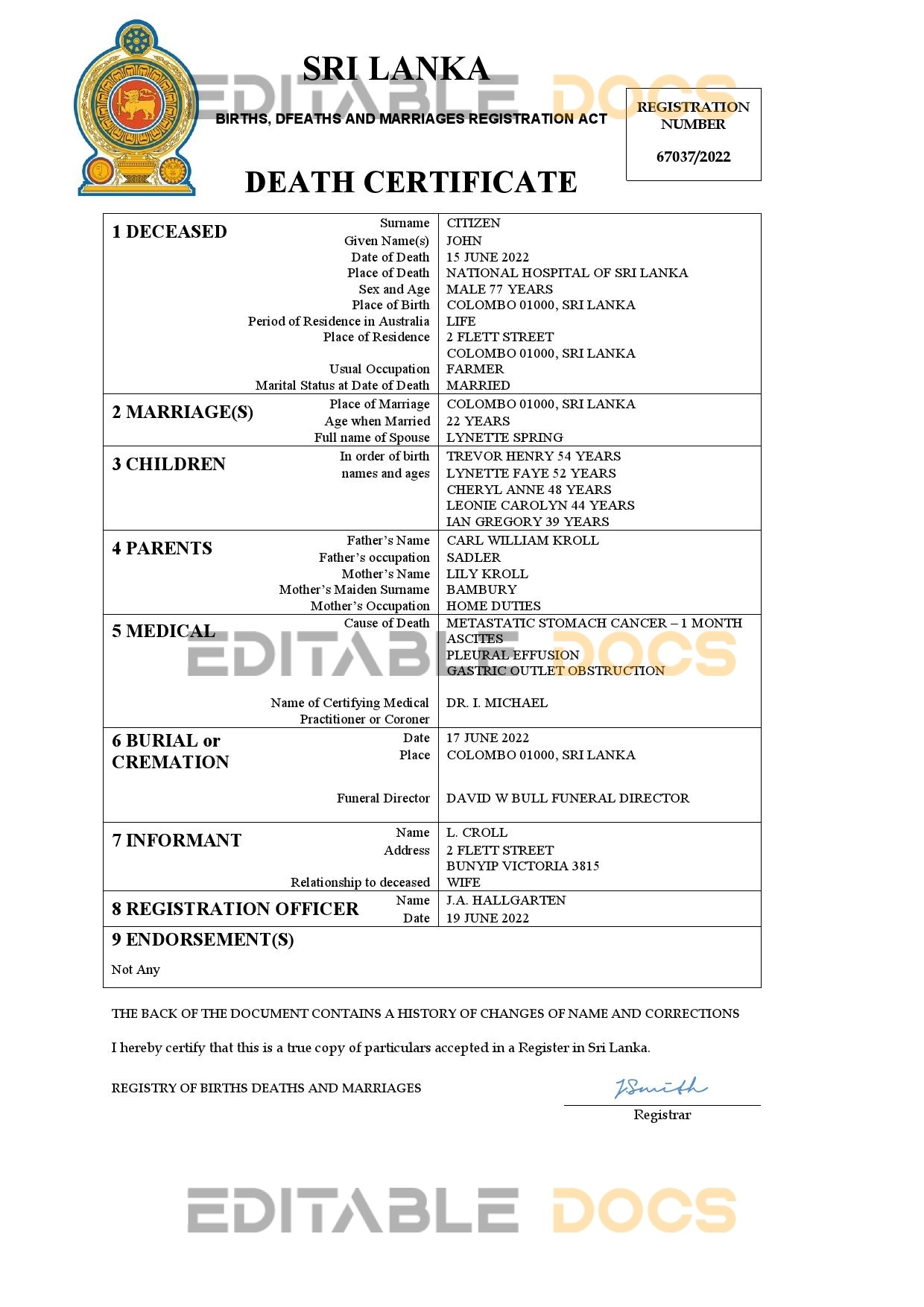 Fillable Sri Lanka Death PDF Templates | Blank Docs