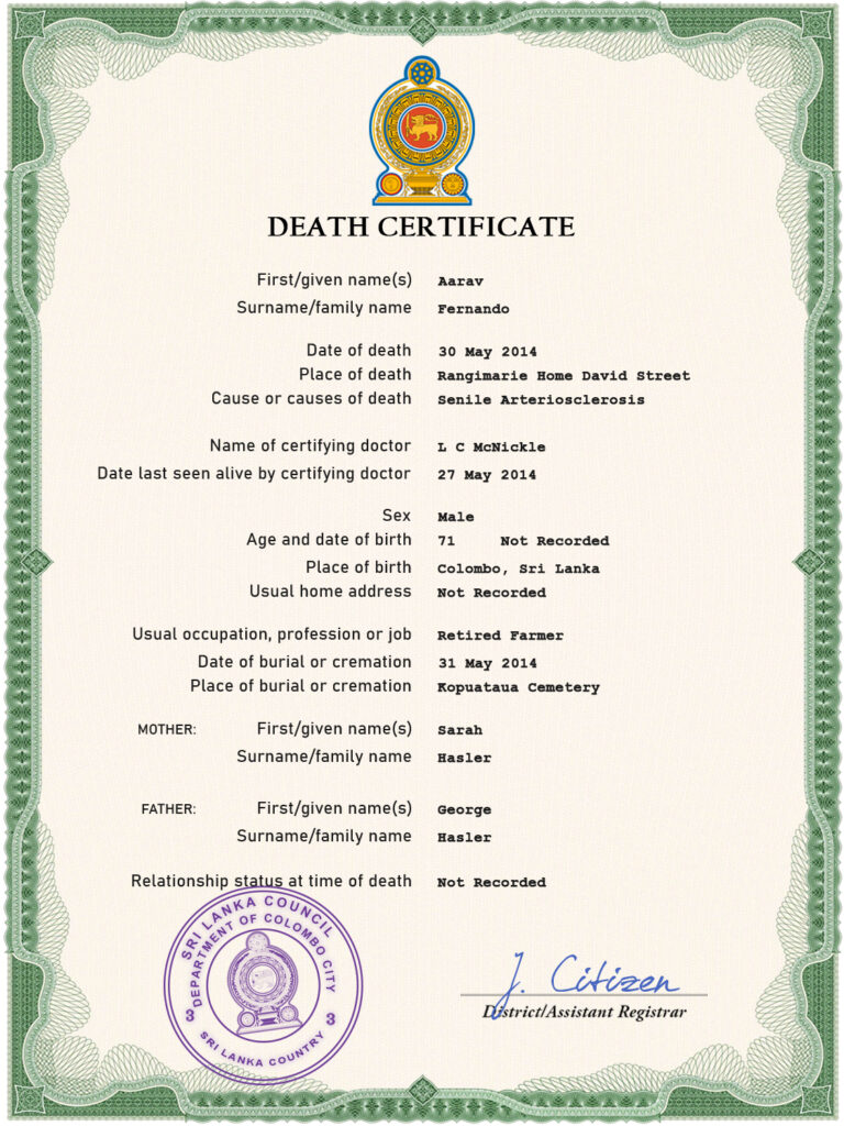 Sri Lanka vital record death certificate PSD template