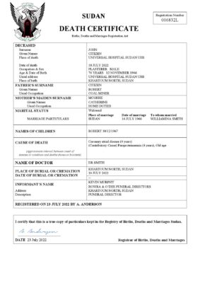 Sudan vital record death certificate Word and PDF template