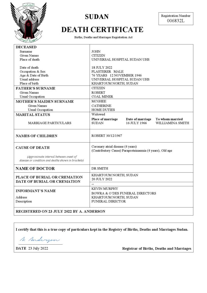 Sudan vital record death certificate Word and PDF template