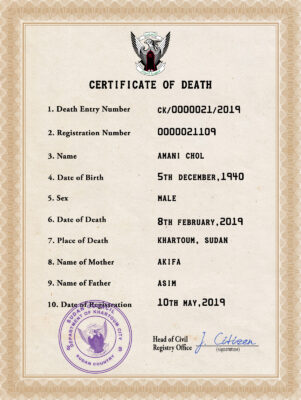 Sudan death certificate PSD template, completely editable
