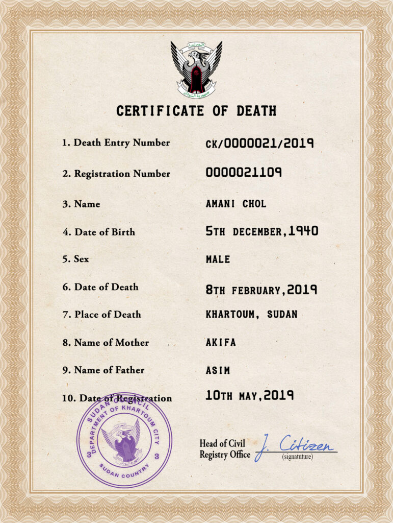 Sudan death certificate PSD template, completely editable