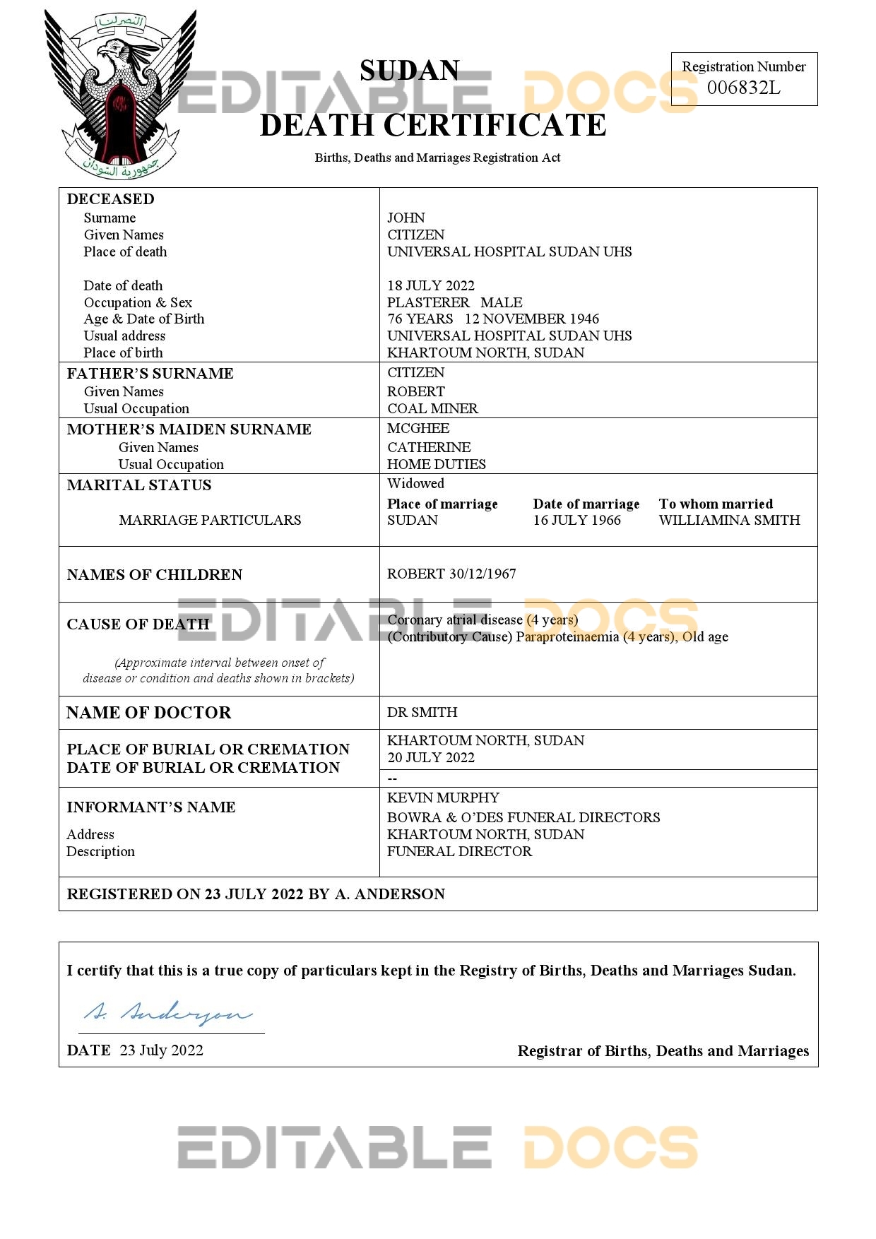 Fillable Sudan Death PDF Templates | Blank Docs