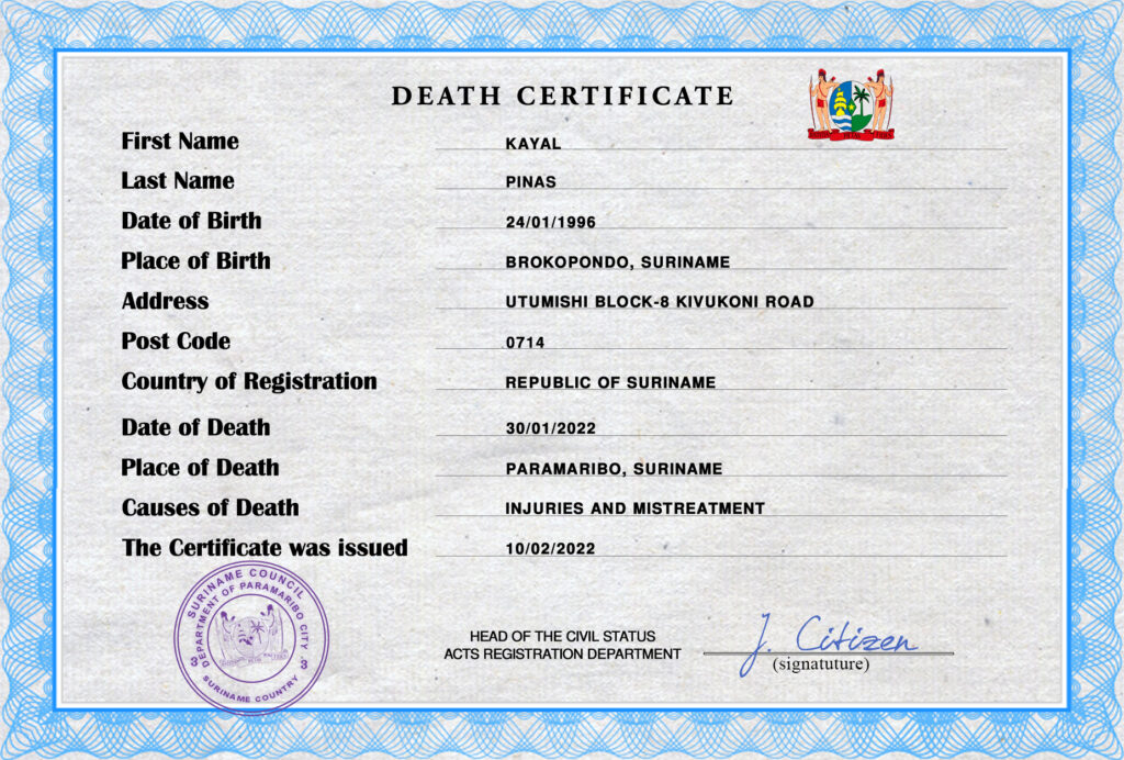 Suriname vital record death certificate PSD template, completely editable
