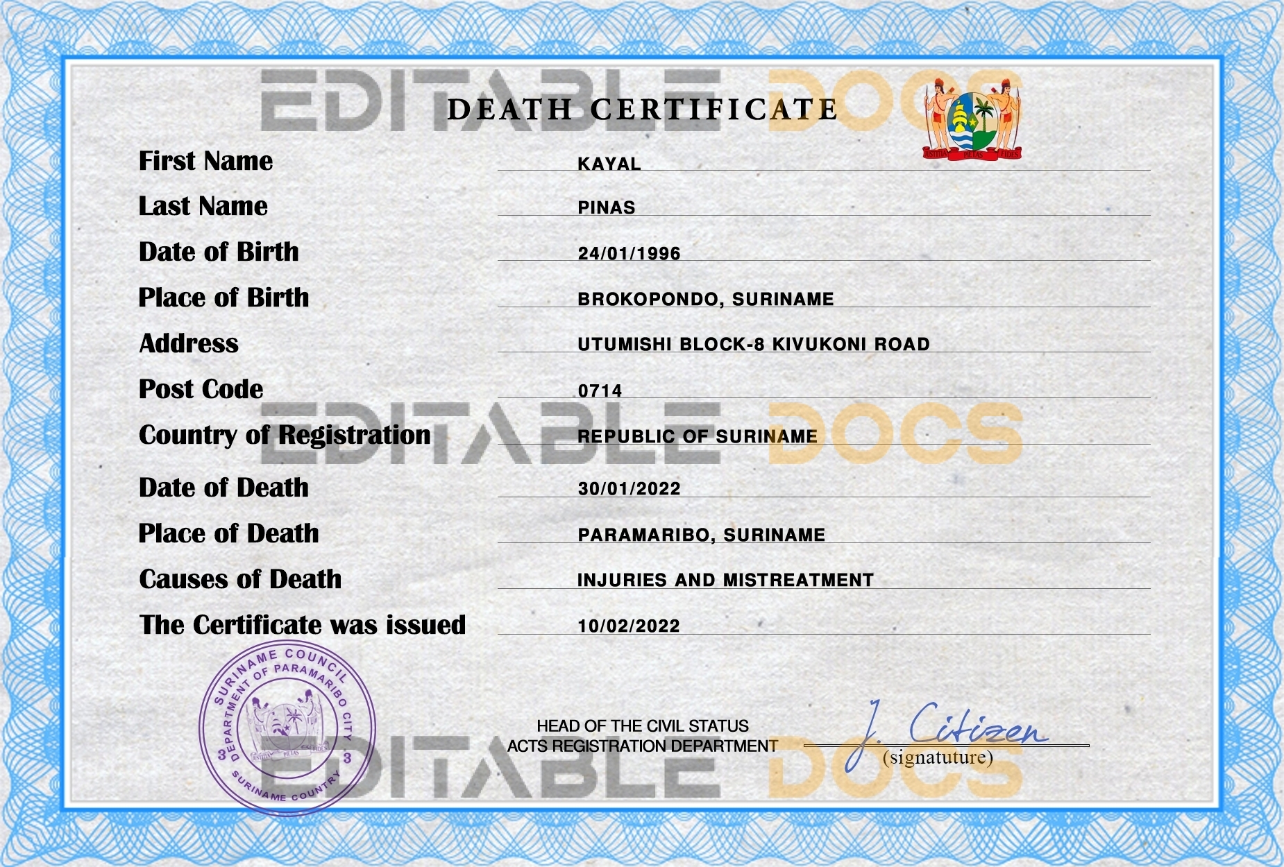 Customizable Suriname Death Certificate PSD Templates | Instant Download