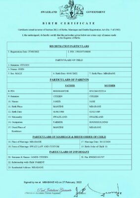 Swaziland birth certificate template in Word and PDF format