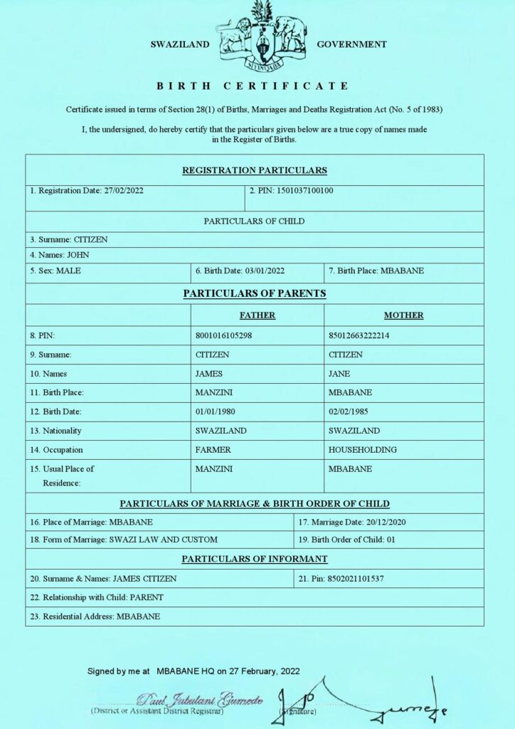Swaziland birth certificate template in Word and PDF format