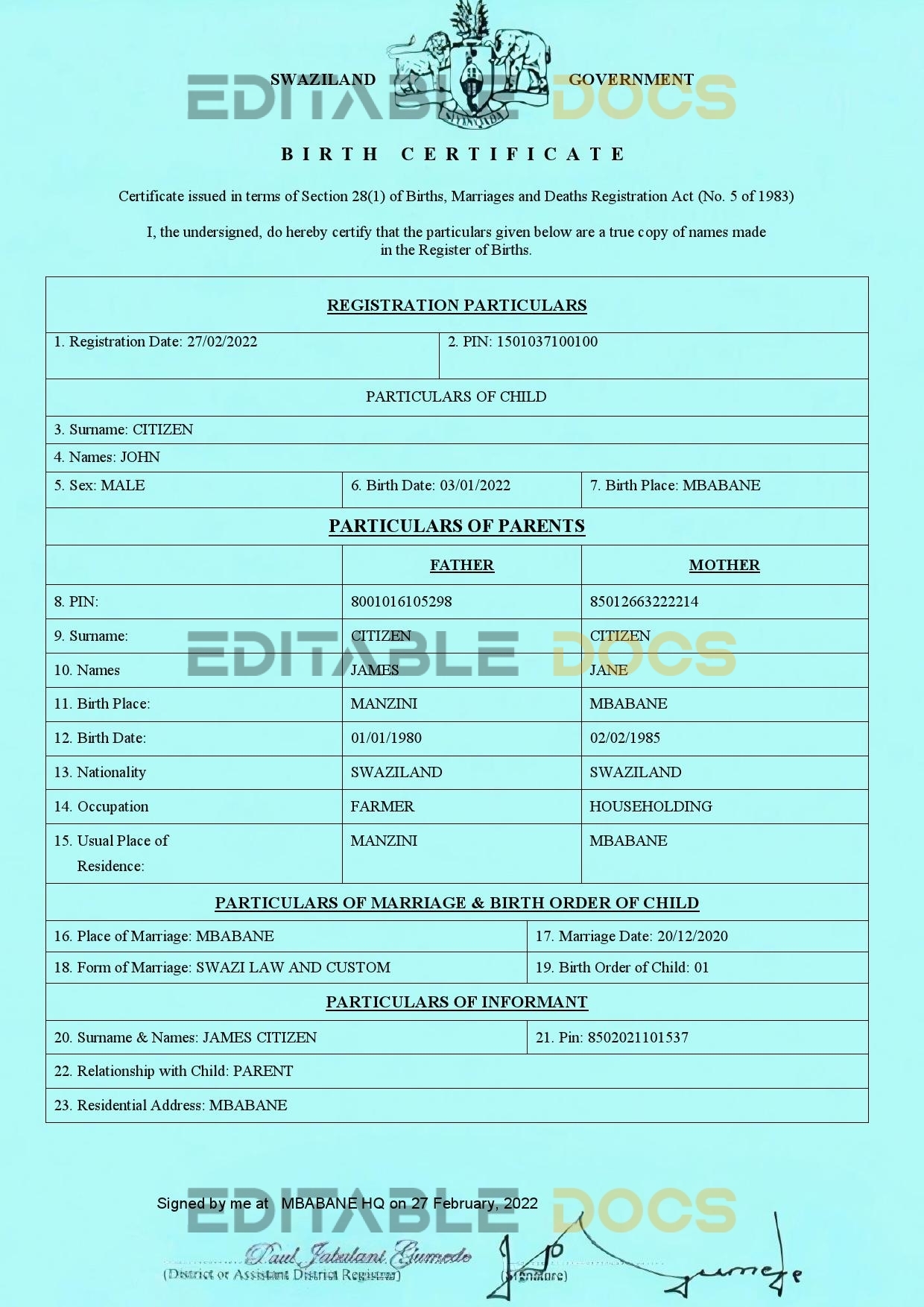 Authentic Swaziland Birth Certificate Template | Customize and Download Online