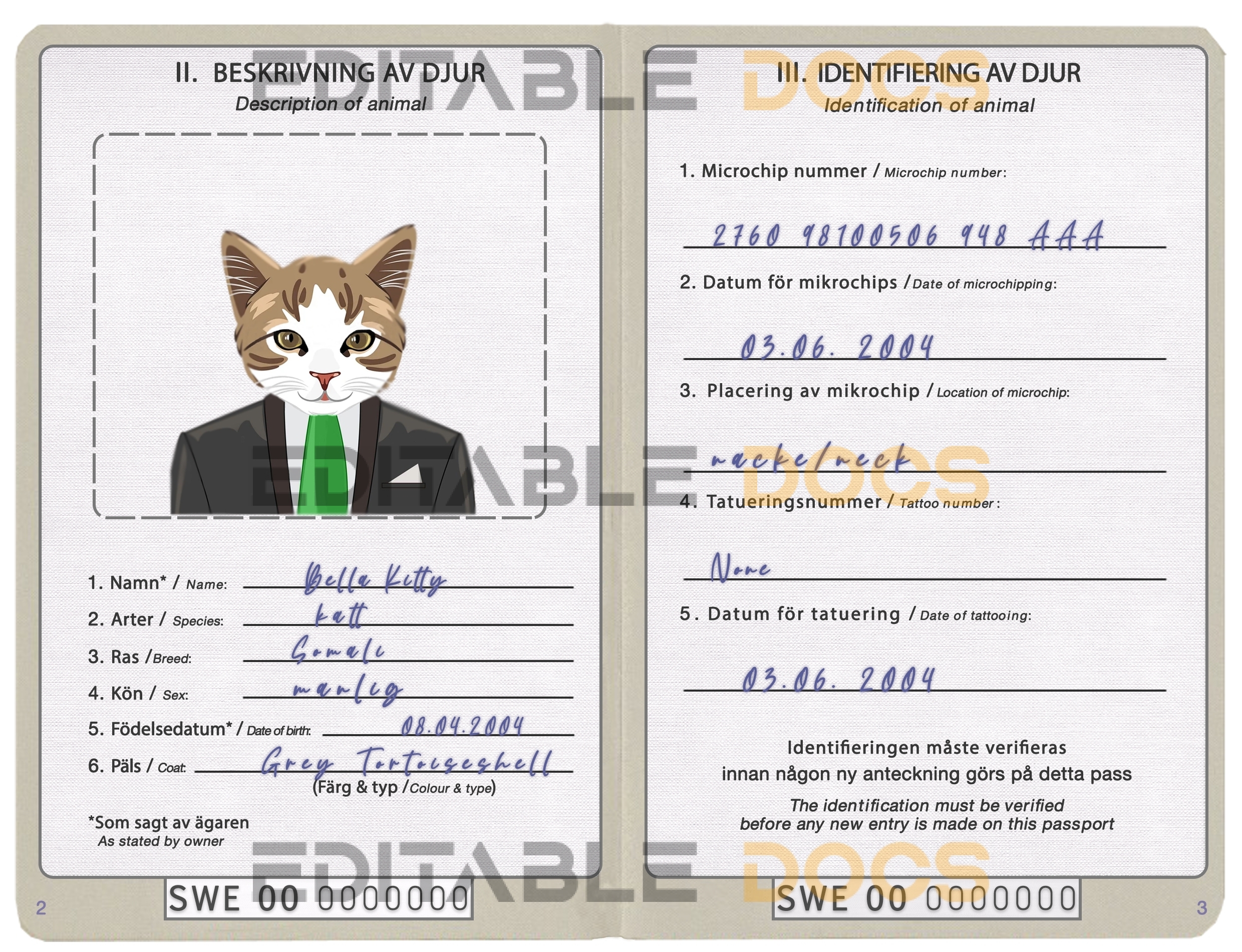 Sweden cat Fake PSD Passport | Instant Download