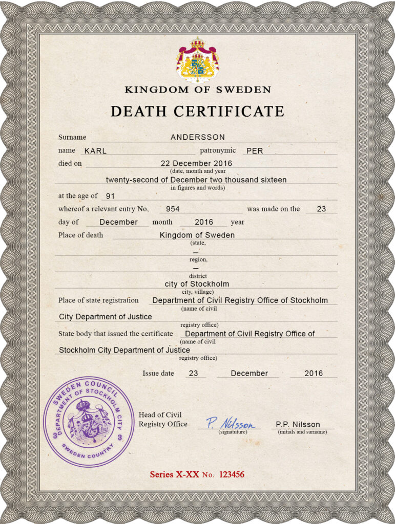Sweden vital record death certificate PSD template, fully editable