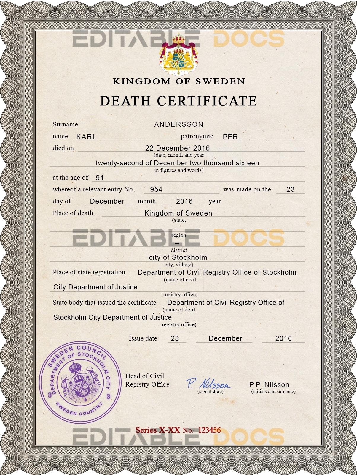 Customizable Sweden Death Certificate PSD Templates | Instant Download