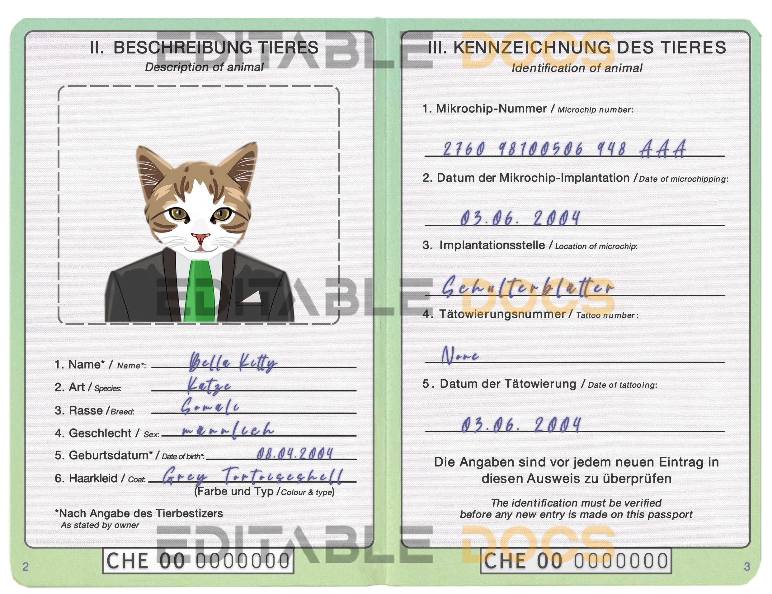 Switzerland cat Fake PSD Passport | Instant Download