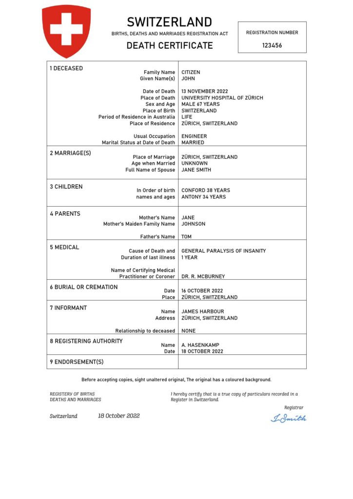 Switzerland vital record death certificate Word and PDF template