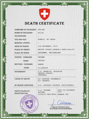 Switzerland death certificate PSD template, completely editable