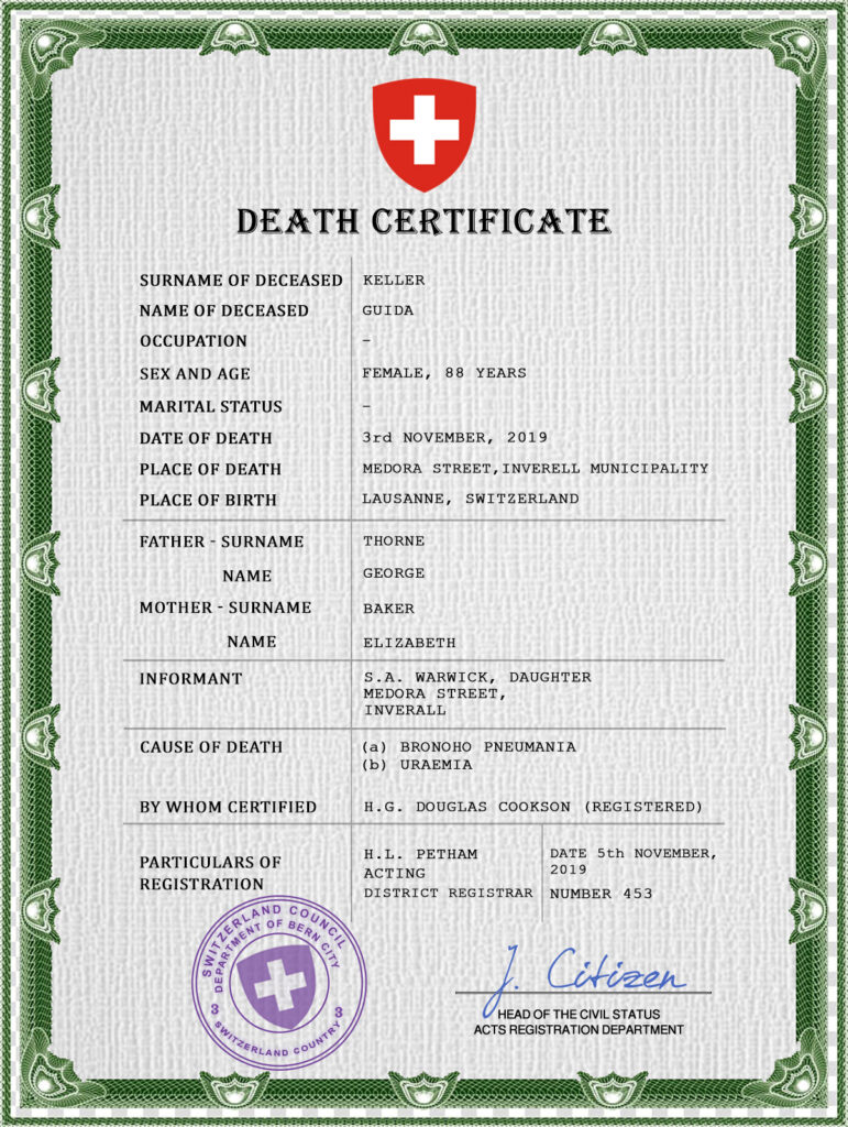 Switzerland death certificate PSD template, completely editable