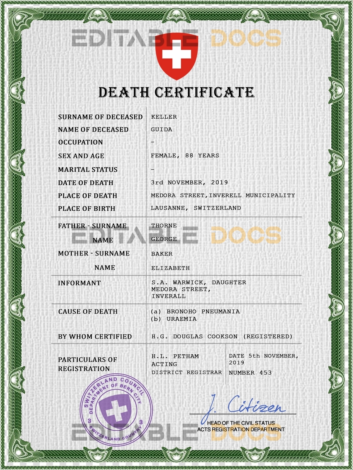 Customizable Switzerland Death Certificate PSD Templates | Instant Download