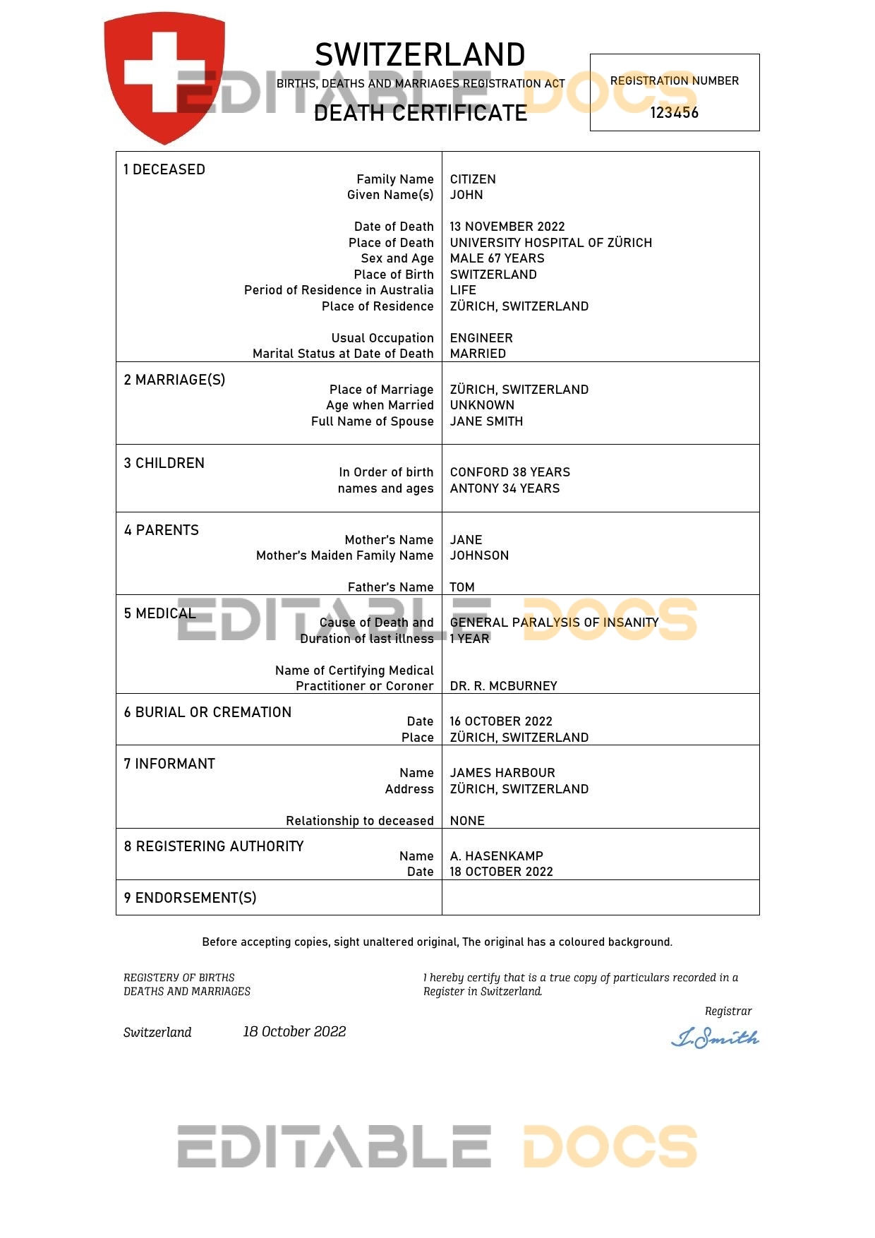Fillable Switzerland Death PDF Templates | Blank Docs