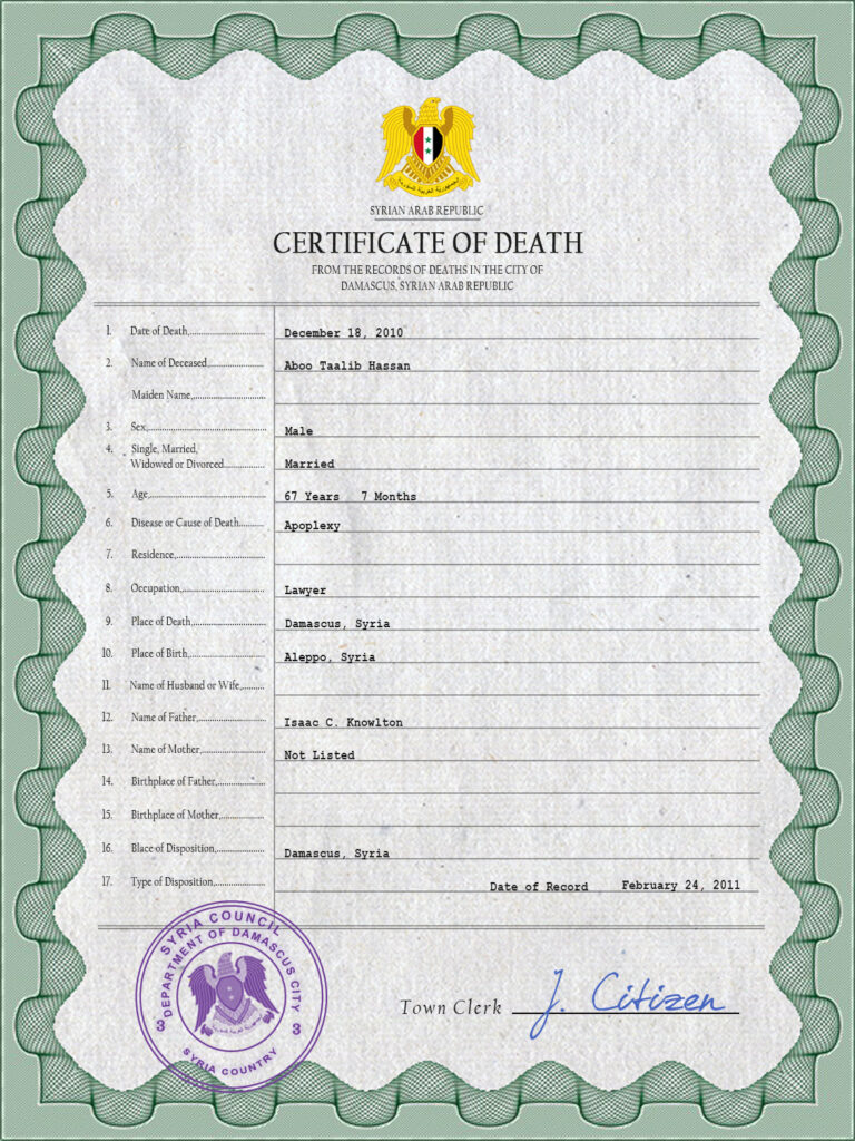 Syria vital record death certificate PSD template