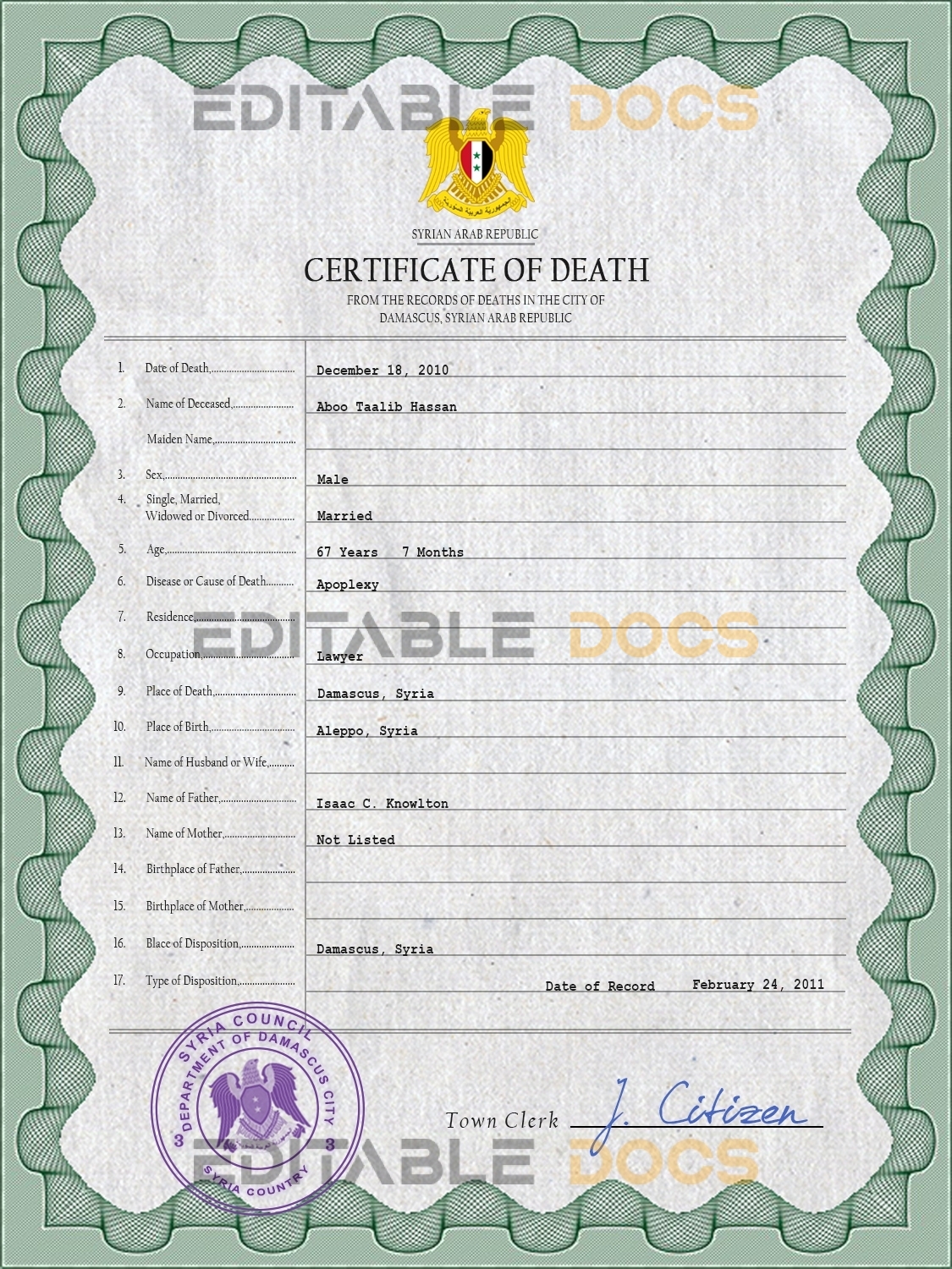 Customizable Syria Death Certificate PSD Templates | Instant Download