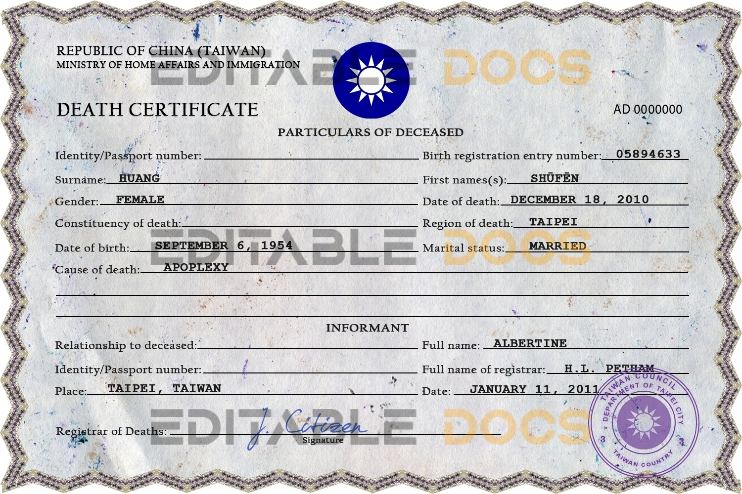 Customizable Taiwan Death Certificate PSD Templates | Instant Download