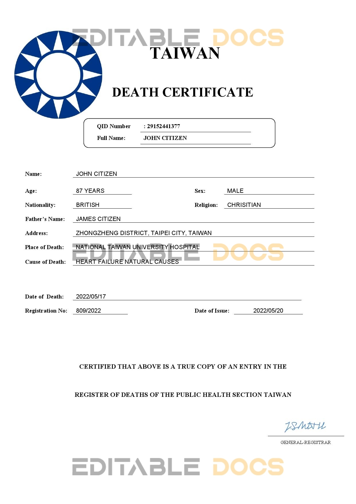 Fillable Taiwan Death PDF Templates | Blank Docs
