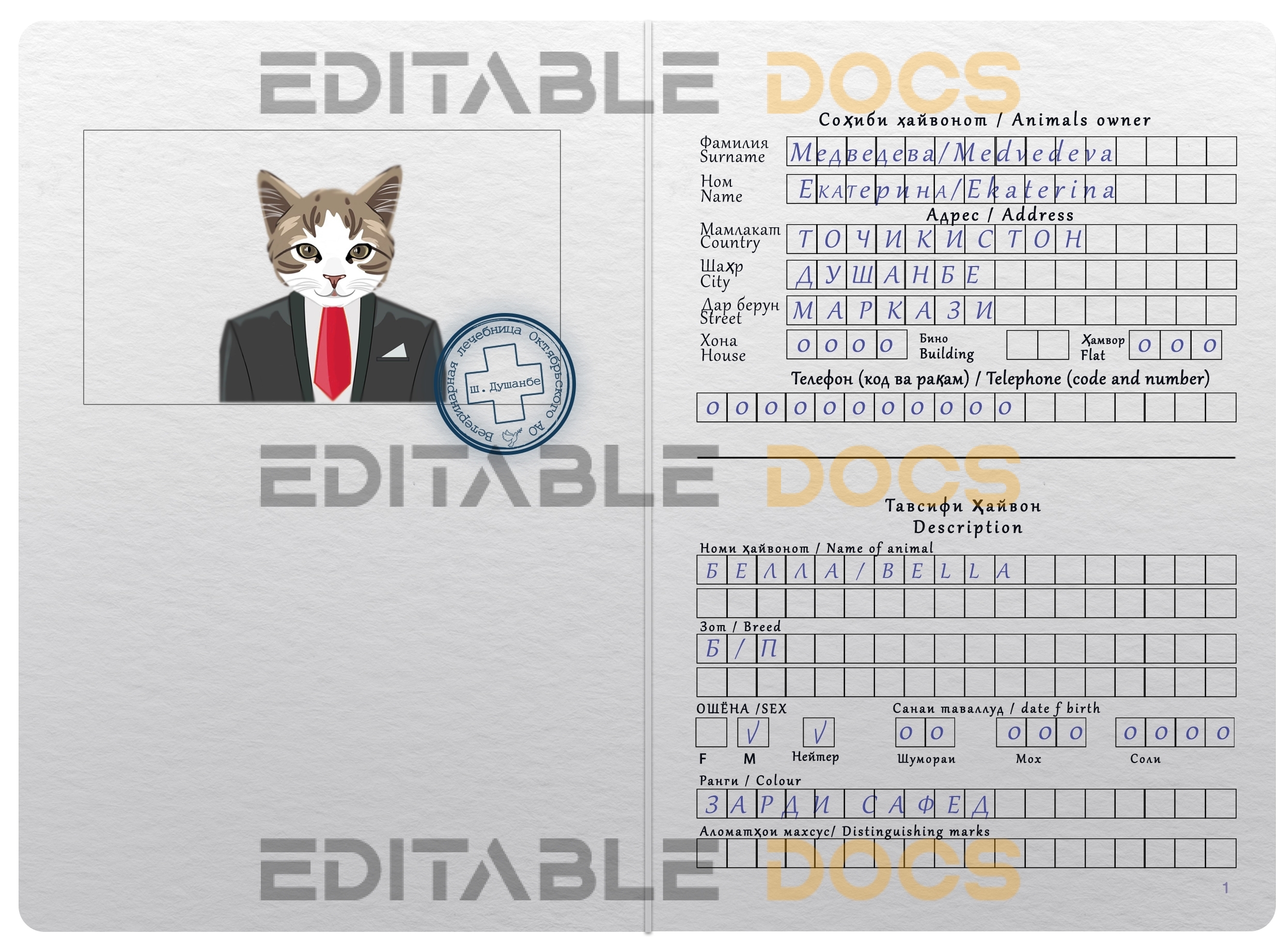 Tajikistan Cat Fake PSD Passport | Instant Download
