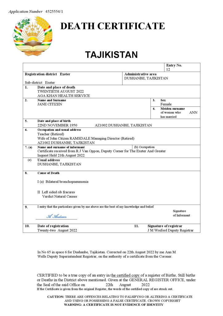 Tajikistan vital record death certificate Word and PDF template